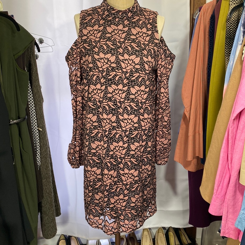 LEYDEN Cold Shoulder in Cotton Blend Lace in Blush Pink and Black